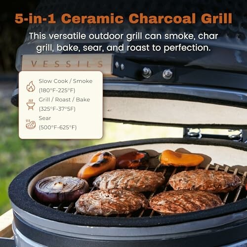 Ceramic charcoal grill with cooking options and temperature guide.