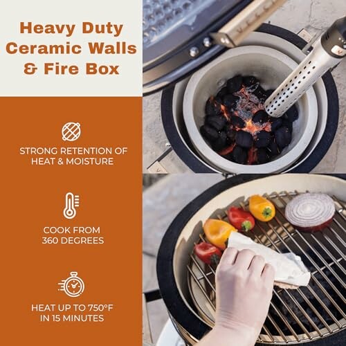 Heavy duty ceramic grill with fire box and cooking instructions.