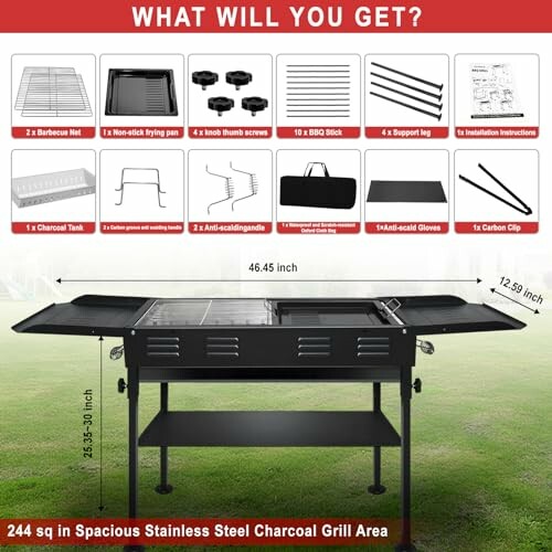 Components of a charcoal grill kit with dimensions and accessories.