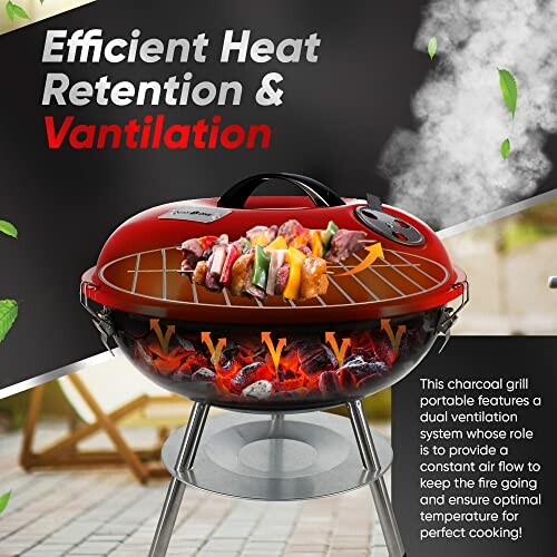 Red charcoal grill with ventilation system illustration and skewers.