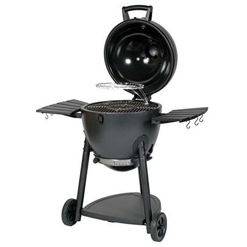 Charcoal grill with open lid and side shelves