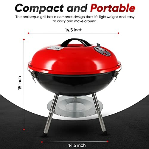 Compact and portable barbecue grill with dimensions and features.