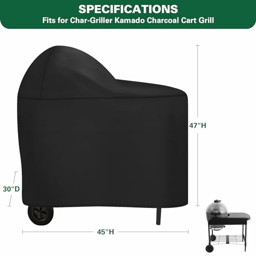 Black cover for Char-Griller Kamado charcoal cart grill with dimensions.