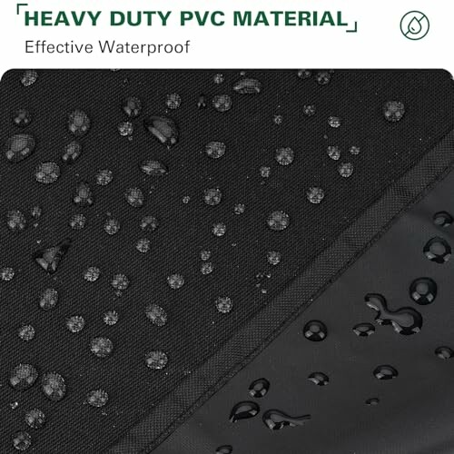 Close-up of black heavy duty PVC material with water droplets demonstrating waterproof feature.