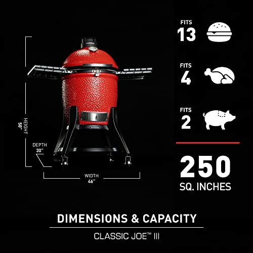 Kamado grill with dimensions and capacity details