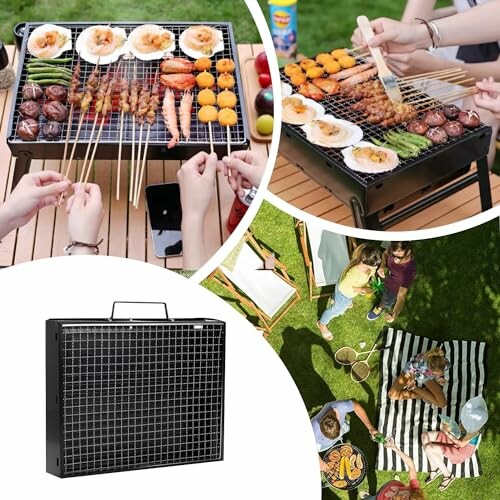 Collage of people grilling seafood and vegetables on a portable BBQ grill outdoors.