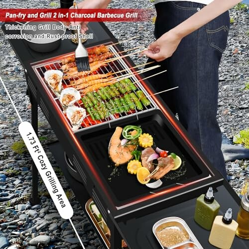 2-in-1 charcoal grill with skewers, vegetables, and meat on a portable stand.