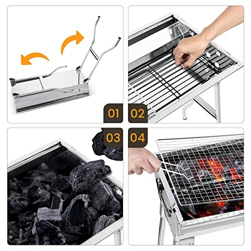 Steps to set up a portable charcoal BBQ grill with folding mechanism, charcoal placement, and grilling.