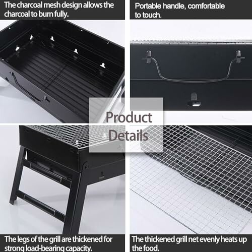 Details of a portable charcoal grill with mesh design and foldable legs.