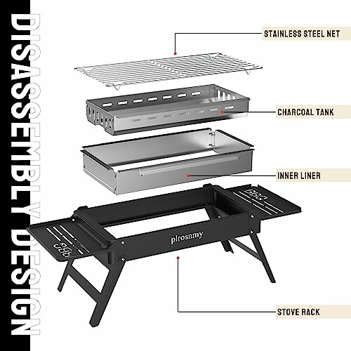 Disassembled view of a portable grill with stainless steel net, charcoal tank, inner liner, and stove rack.