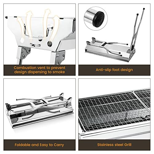 Collapsible stainless steel grill with combustion vent, anti-slip foot, and easy-to-carry design.