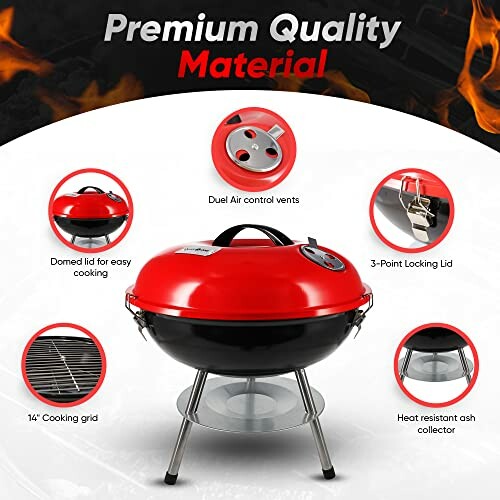 Red portable charcoal grill with domed lid and features highlighted.