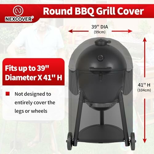 Round BBQ grill cover with dimensions and features highlighted.